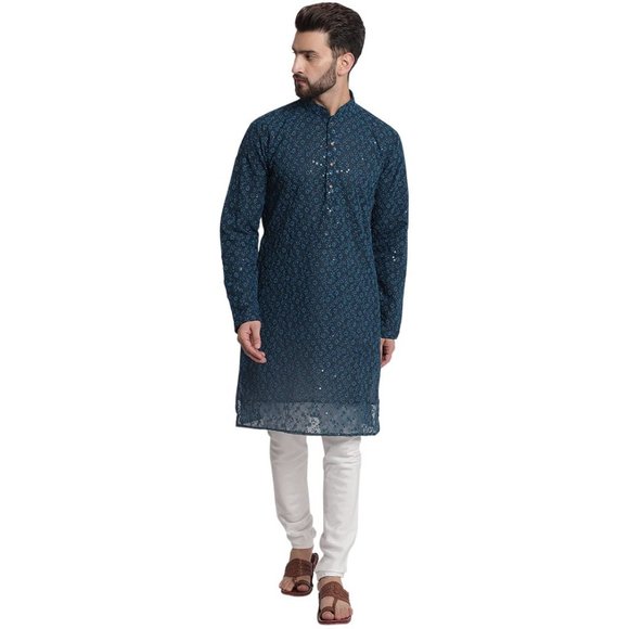 Georgette Floral Embroidery Blue Kurta Pyjama Set For Men Wedding/ Party Wear - Picture 1 of 6